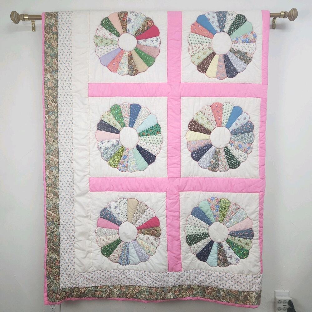 Vtg Handmade Dresden Plate F/Q Quilt Cover Pink Cotton Prairie Cottage 88x96